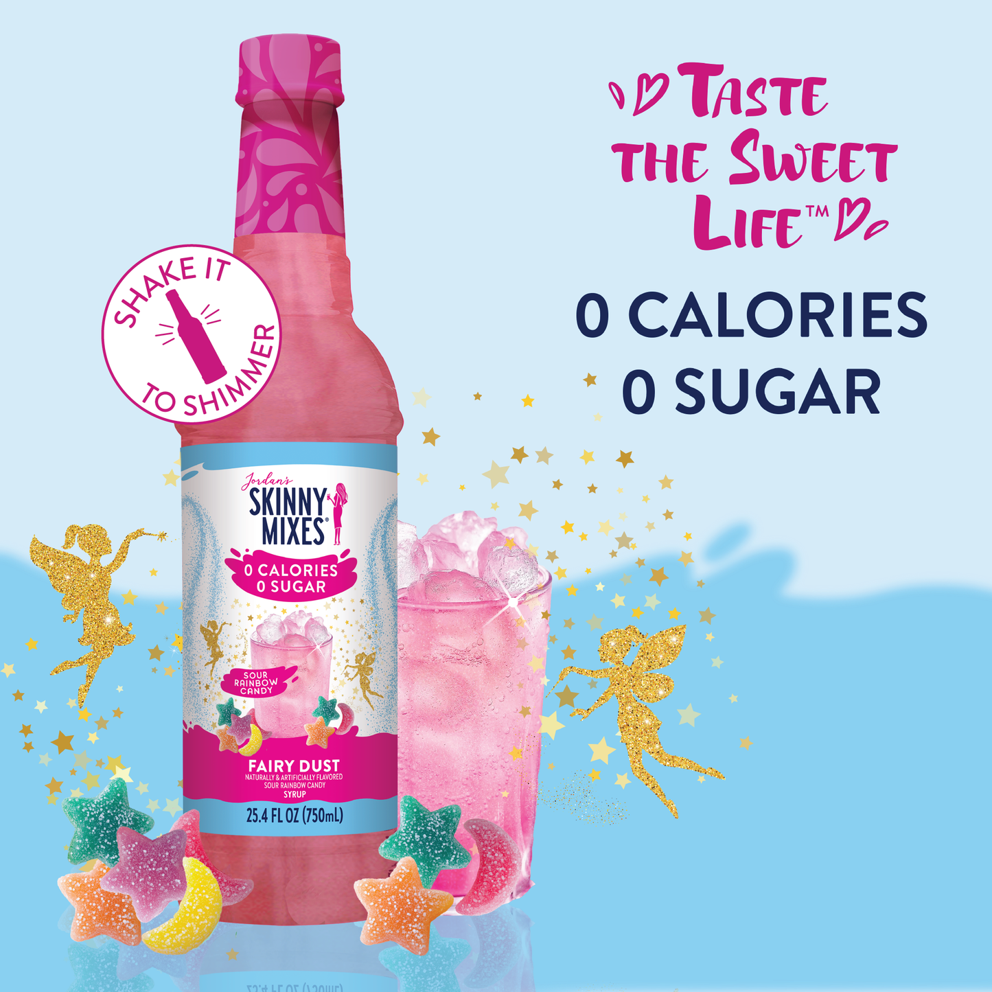 Sugar Free Sour Fairy Dust Syrup bottle with pink label. 0 calories, 0 sugar, keto-friendly. Available in 375ml and 750ml.