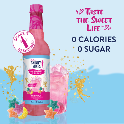 Sugar Free Sour Fairy Dust Syrup bottle with pink label. 0 calories, 0 sugar, keto-friendly. Available in 375ml and 750ml.