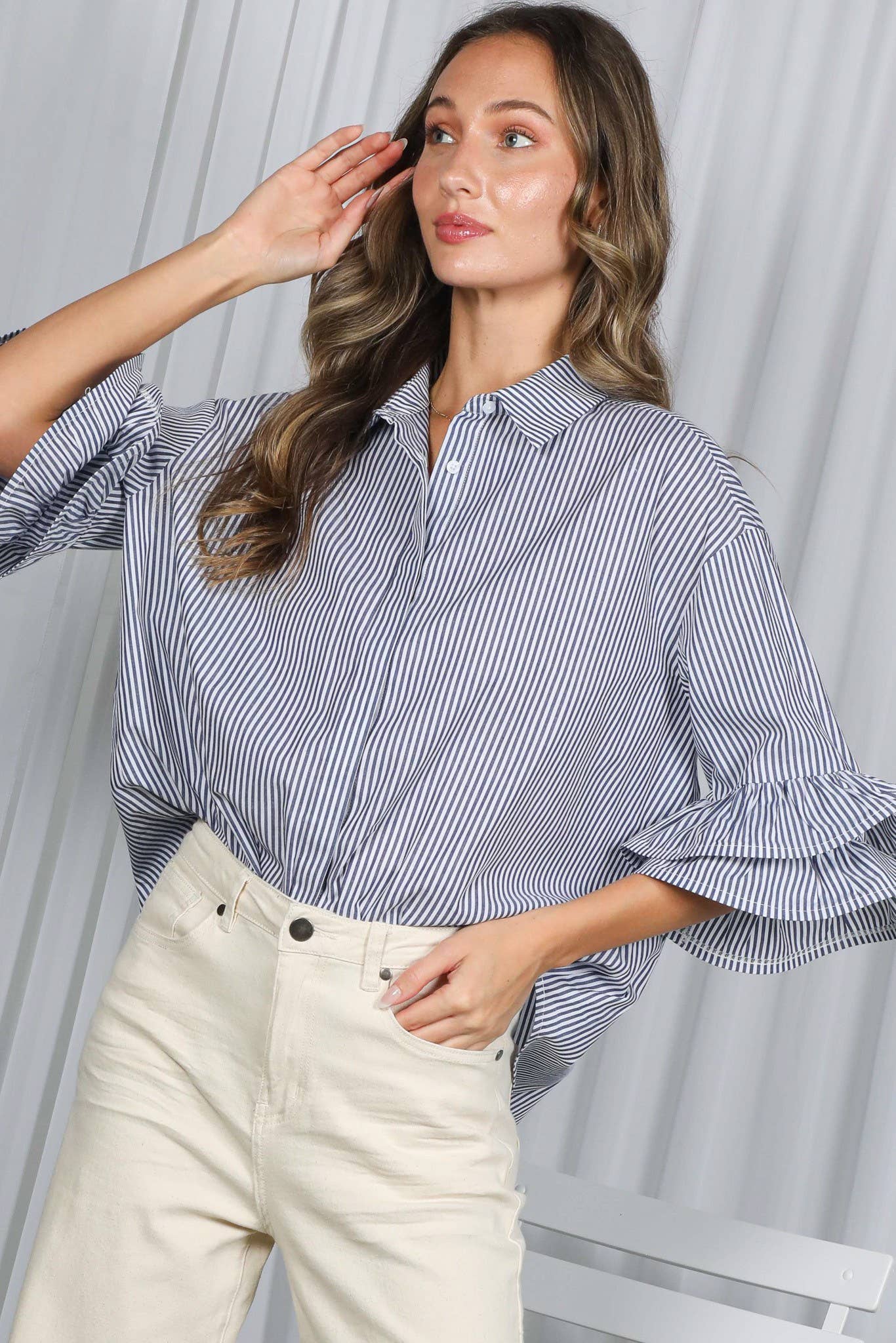 Navy Striped Ruffle Sleeve Shirt