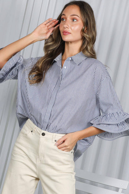 Navy Striped Ruffle Sleeve Shirt