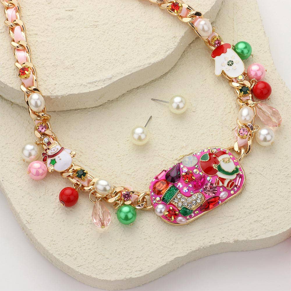 Stone Embellished Enamel Christmas Plate Charm Necklace