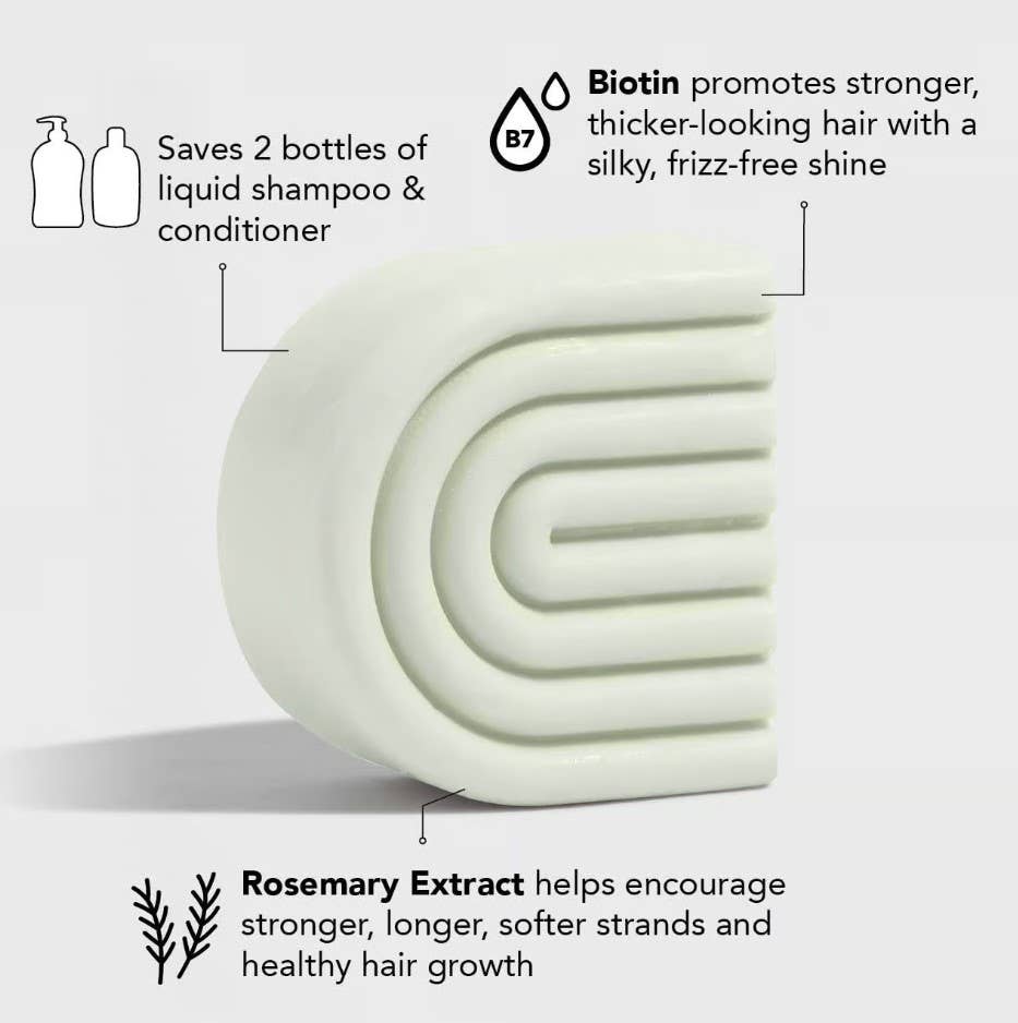 Rosemary & Biotin Volumizing Solid Conditioner bar, vegan formula, saves 2 bottles. Available in 60g and 80g sizes.