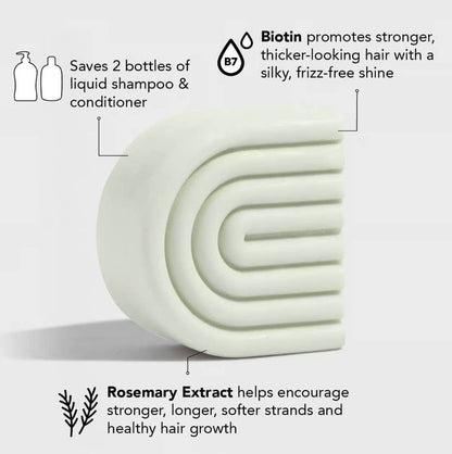 Rosemary & Biotin Volumizing Solid Conditioner bar, vegan formula, saves 2 bottles. Available in 60g and 80g sizes.