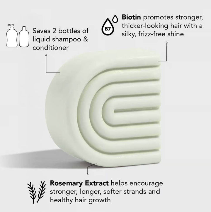 Rosemary &amp; Biotin Volumizing Solid Conditioner bar, vegan formula, saves 2 bottles. Available in 60g and 80g sizes.