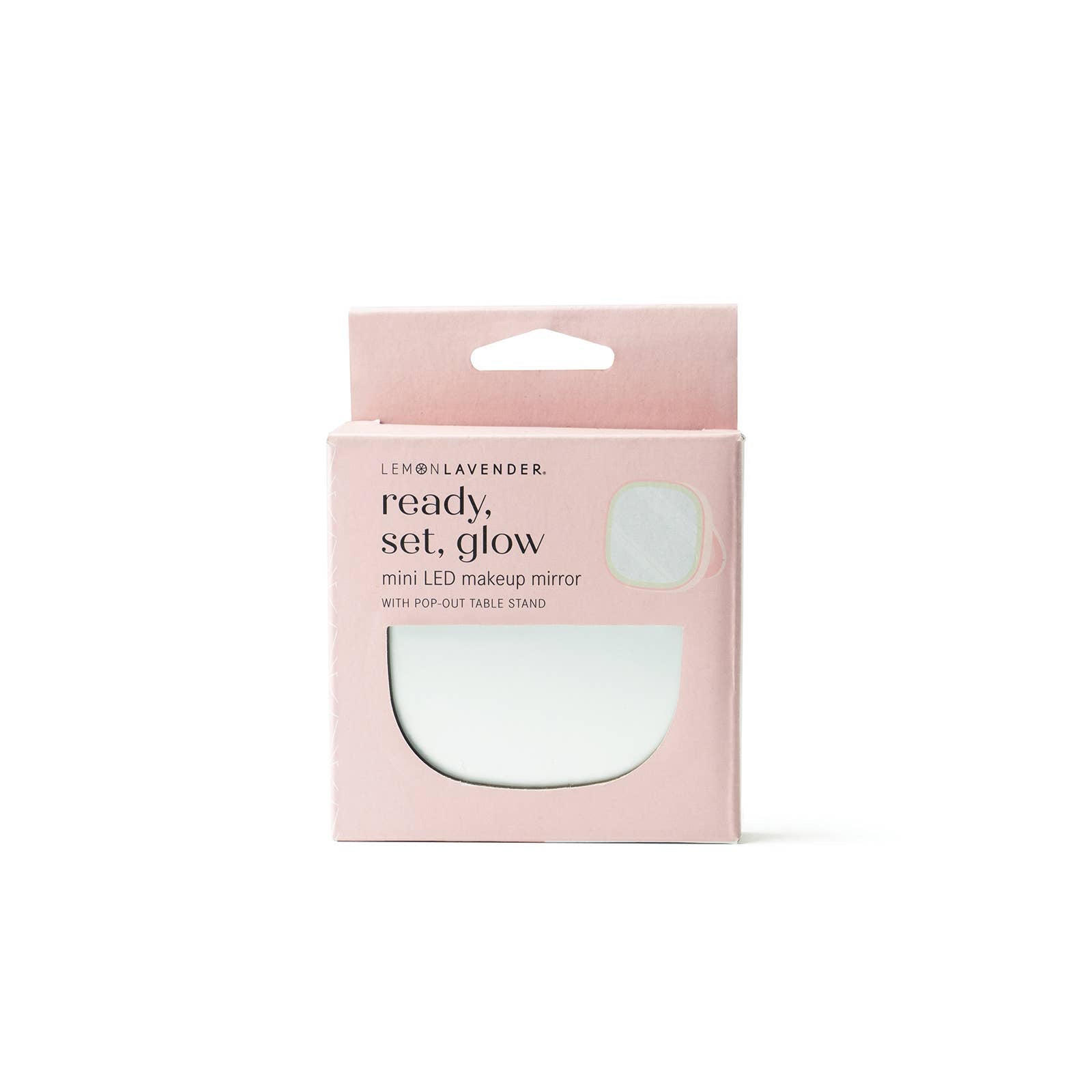 The product is a Lemon Lavender LED Light Up Mini Mirror, visible through a peek-through window in its pink packaging box. The mirror itself is white. No other size options available for this product.
