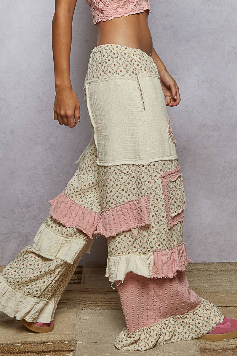 Textured Twill Contrast Ruffle Printed Woven Wide Pants in cream/pink floral, ruffles/textured panels. Sizes: XS–XL.