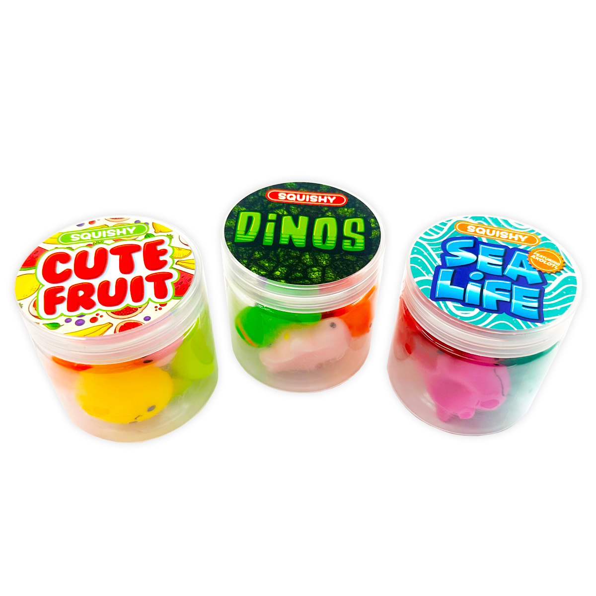 Three jars labeled "Cute Fruit," "Dinos," and "Sea Life" with squishy jelly toys. Available in 3 styles. Sizes vary.