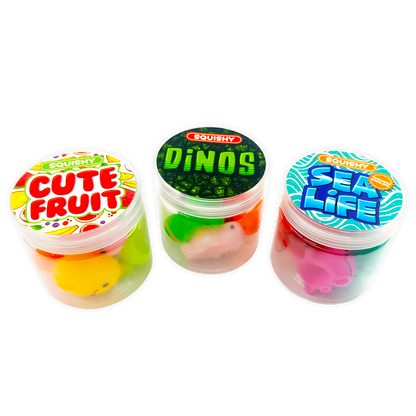 Three jars labeled "Cute Fruit," "Dinos," and "Sea Life" with squishy jelly toys. Available in 3 styles. Sizes vary.