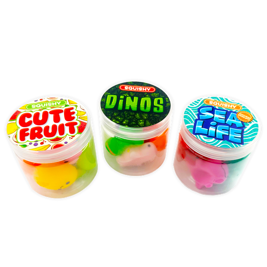 Three jars labeled "Cute Fruit," "Dinos," and "Sea Life" with squishy jelly toys. Available in 3 styles. Sizes vary.