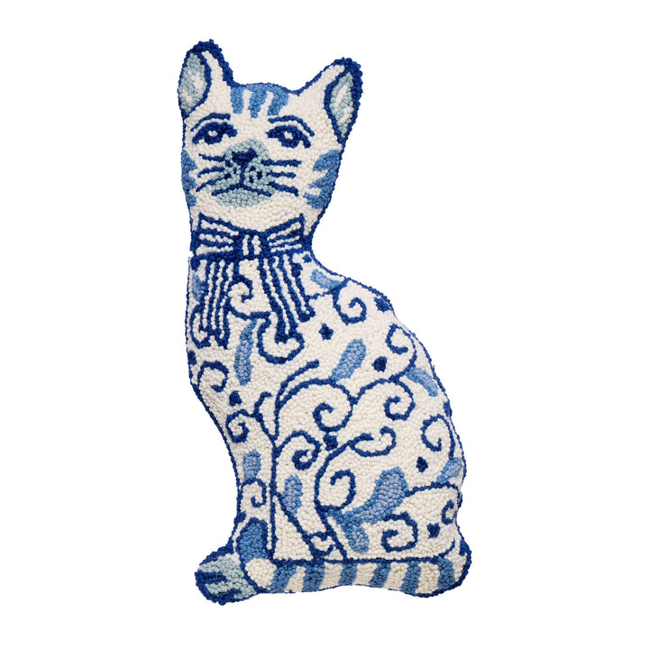 Chinoiserie cat-shaped hook pillow in blue and white floral.