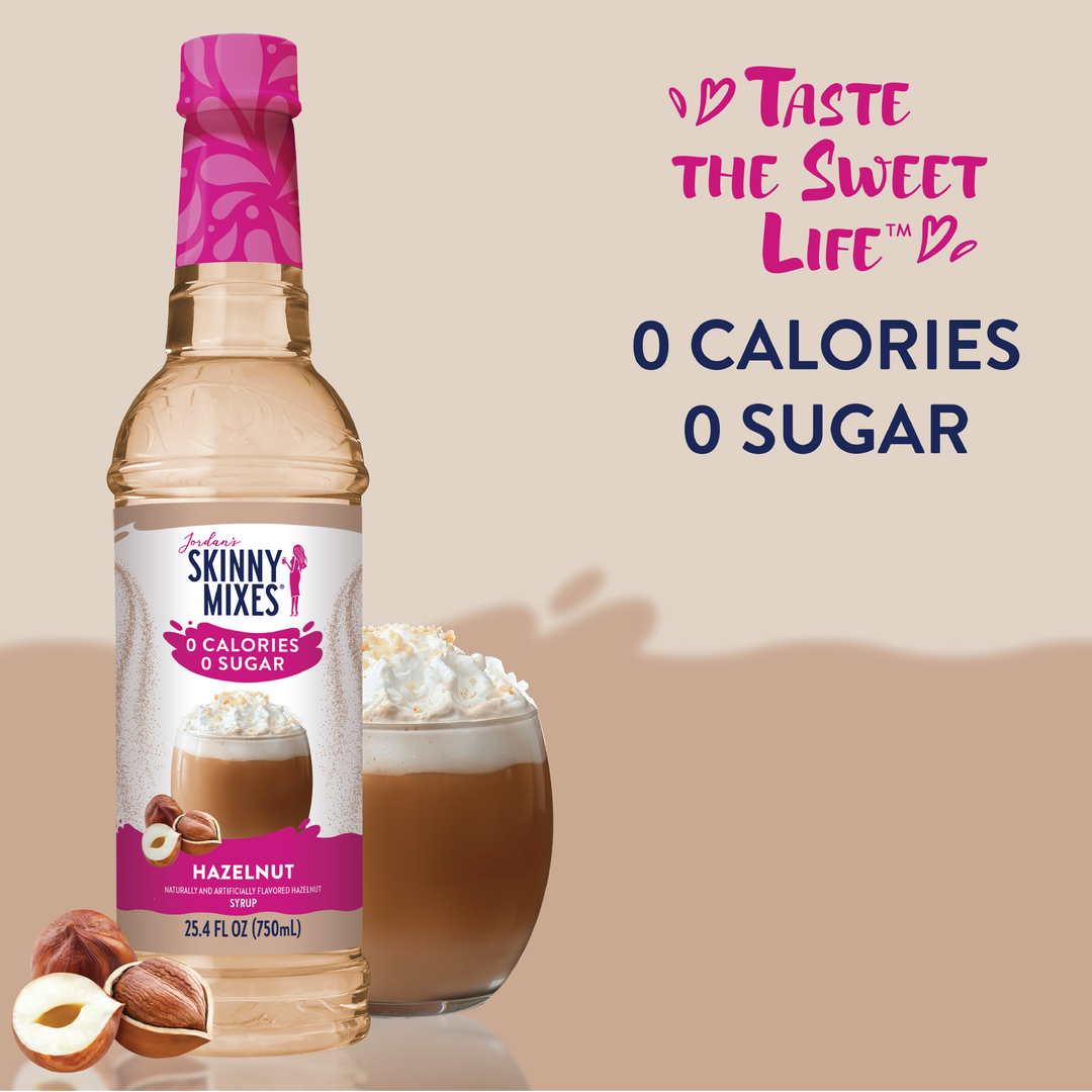 Sugar Free Hazelnut Syrup bottle. Text: “Taste the Sweet Life. 0 Calories, 0 Sugar.” Available in 375ml &amp; 750ml sizes.