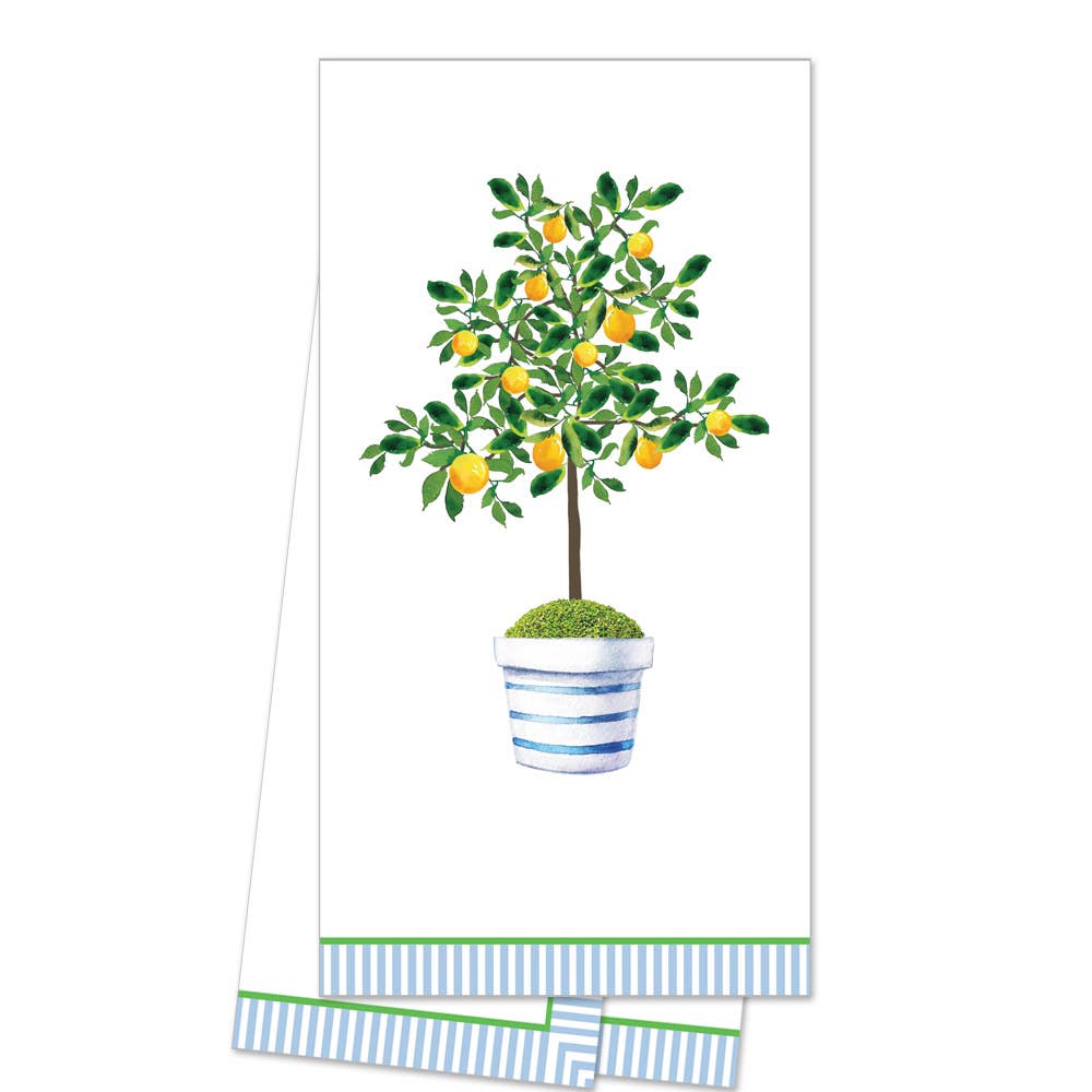 Lemon Tree Icon Tea Towel with lemon tree design, green/blue striped borders. Available size: 18"x28".