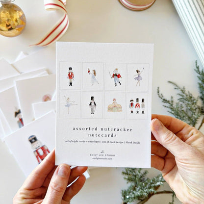 Nutcracker assorted notecard set featuring nutcrackers, a ballerina, and the mouse king; watercolor illustrations. Available sizes: A2 (4.25″ x 5.5″).