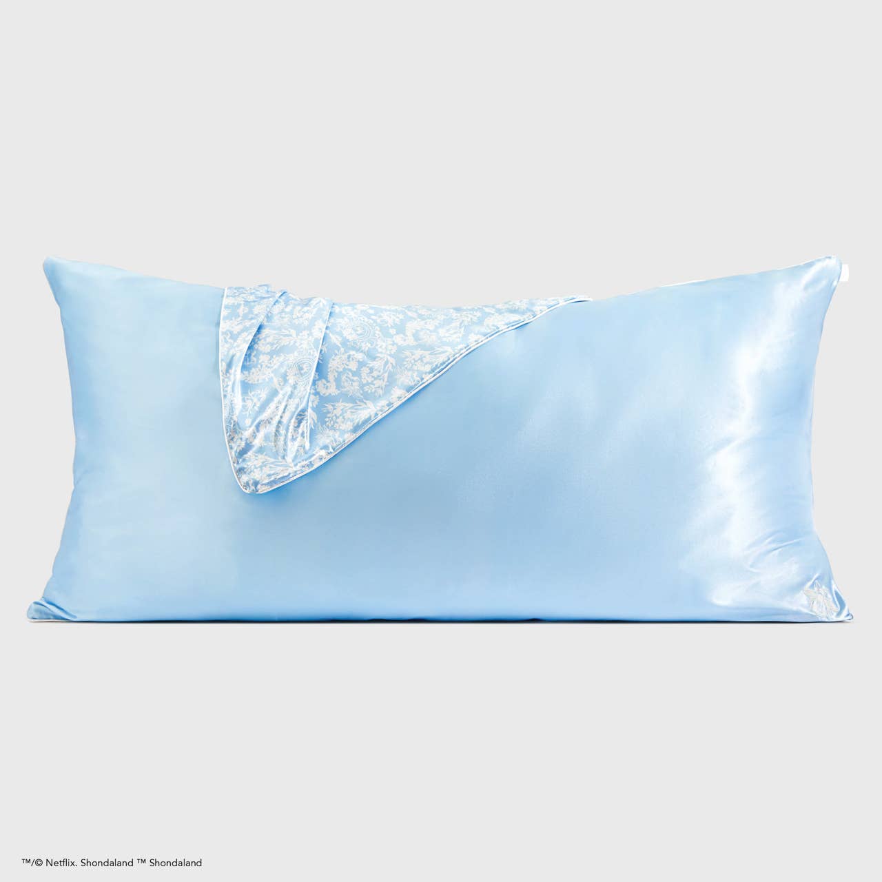 Kitsch x Bridgerton Toile De Blue satin pillowcase, available in King size.