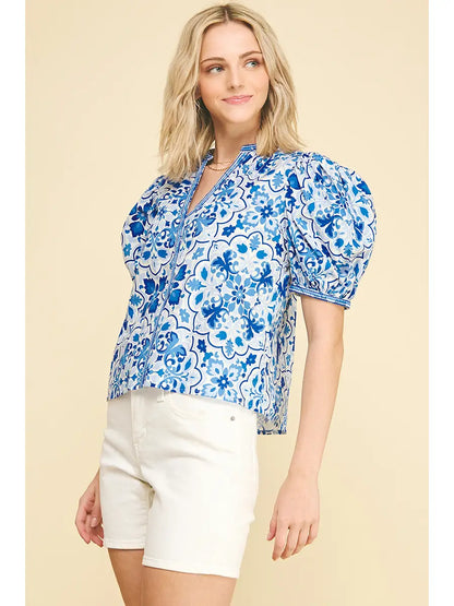Damask V-Neck Balloon Sleeve Blouse
