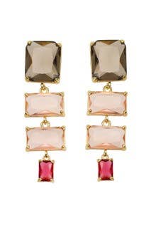 Tula Smokey Pink Earrings: gold drop dangle earrings with three rectangular stones—smoky brown at the top, two light pink in the middle, vibrant pink at the bottom. Available in small, medium, and large sizes.