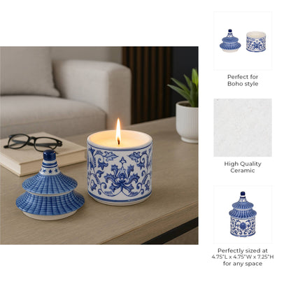 Blue Ceramic Plumeria Chinoiserie Pagoda Candle, 9 oz, blue/white design, pagoda lid; reusable jar; size: 9 oz.