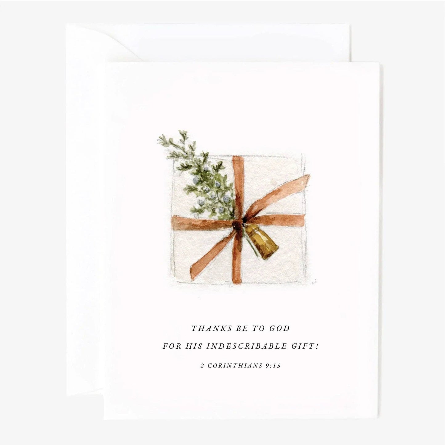 Christmas scripture notecard set, watercolor card with gift box design and 2 Corinthians 9:15 text. Sizes available.