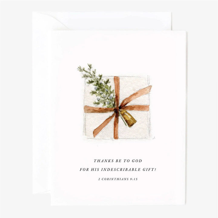 Christmas scripture notecard set, watercolor card with gift box design and 2 Corinthians 9:15 text. Sizes available.
