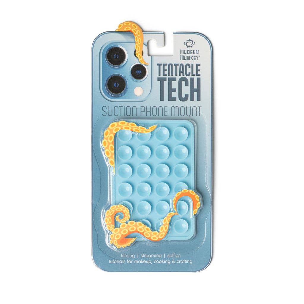Blue silicone phone mount with orange tentacle design, available in small and large sizes; for filming, streaming, selfies.