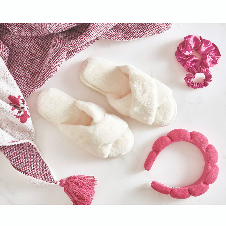 Ivory Criss-Cross Plush Slippers; available in S, M, L. Soft texture.