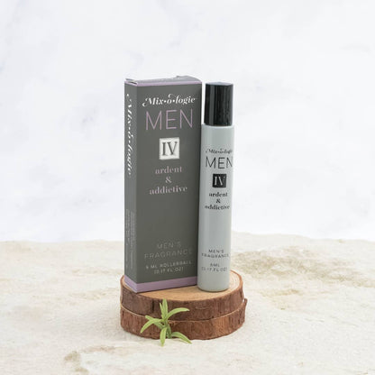 The Mixologie Men IV (Ardent & Addictive) alcohol-free cologne roll-on bottle and box. Size options: 5ml, 10ml.
