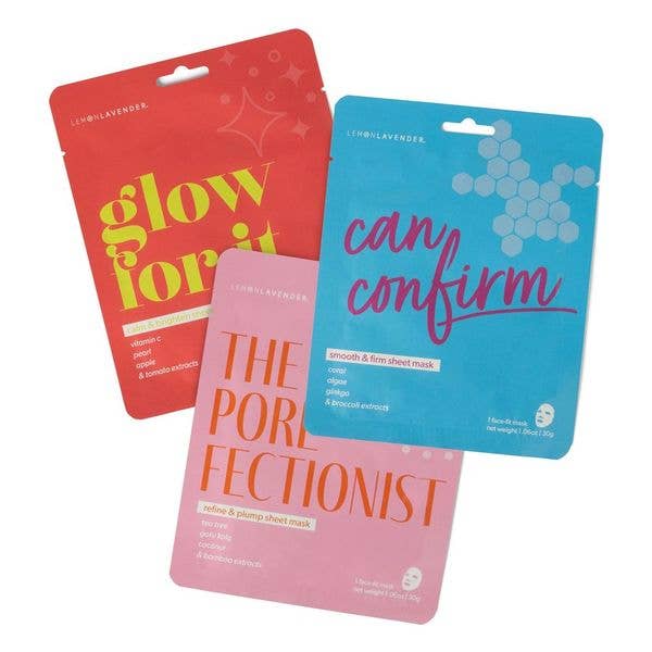 Three Lemon Lavender Sheet Dreams Face Masks, single-use packets. Available sizes: one sheet per packet.