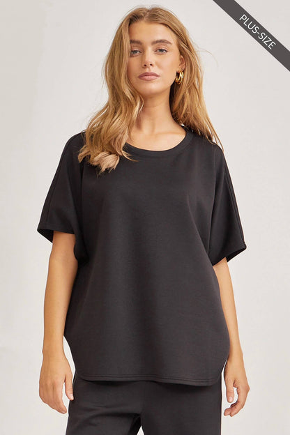 Black Poncho Top + Bell Bottom Modal Set: loose-fit, short-sleeve, lightweight black fabric. Sizes available: plus-size.