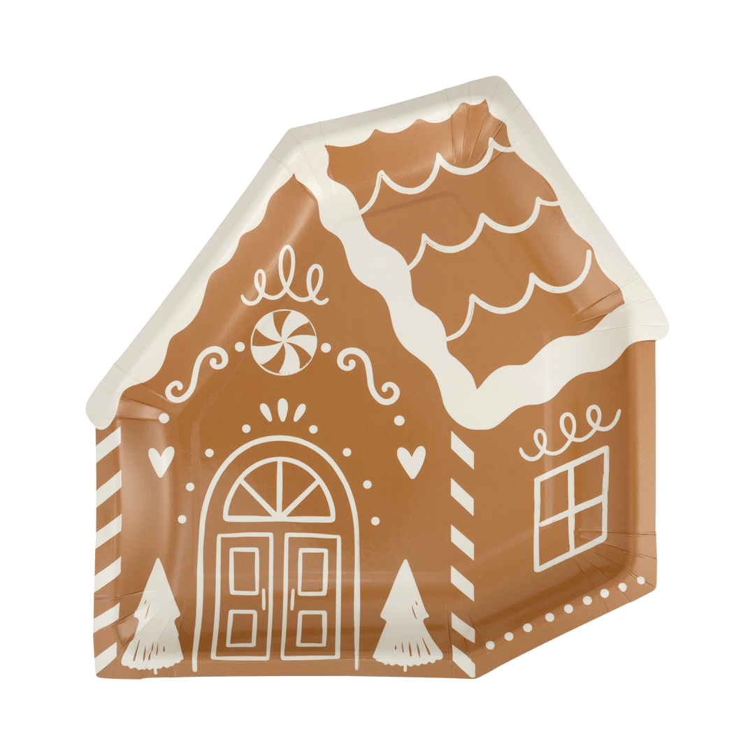 Gingerbread House 9″ Plate with white icing designs.