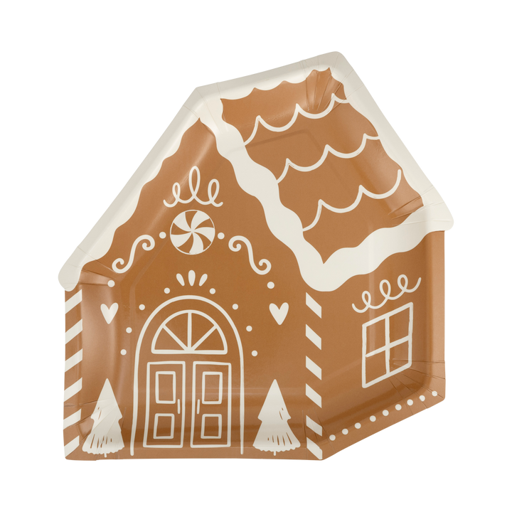 Gingerbread House 9″ Plate with white icing designs.