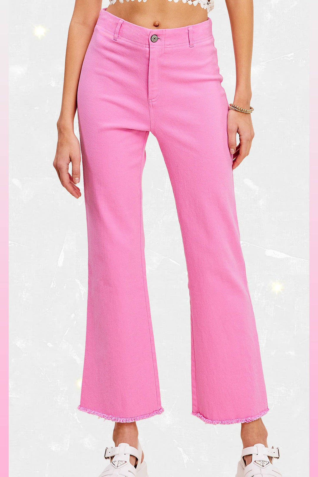 Candy Pink Soft Washed Stretchy High Waisted Flare Pants with frayed hems. Available in sizes XS-XL.
