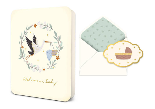Cream Welcome Baby Stork Deluxe Greeting Card, 250 gsm, stork with baby bundle and floral wreath. Size info not provided.
