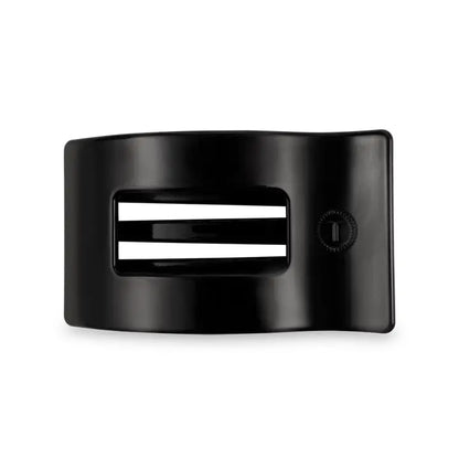 Black, glossy TELETIES Flat Rectangle Hair Clip with two center slots and a small round side button. Available in multiple sizes.