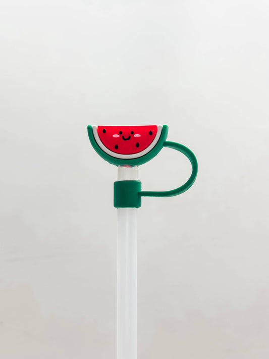 Straw Cover "Watermelon" with smiling watermelon slice topper, green handle. Fits standard-size straws. Sizes: standard only.