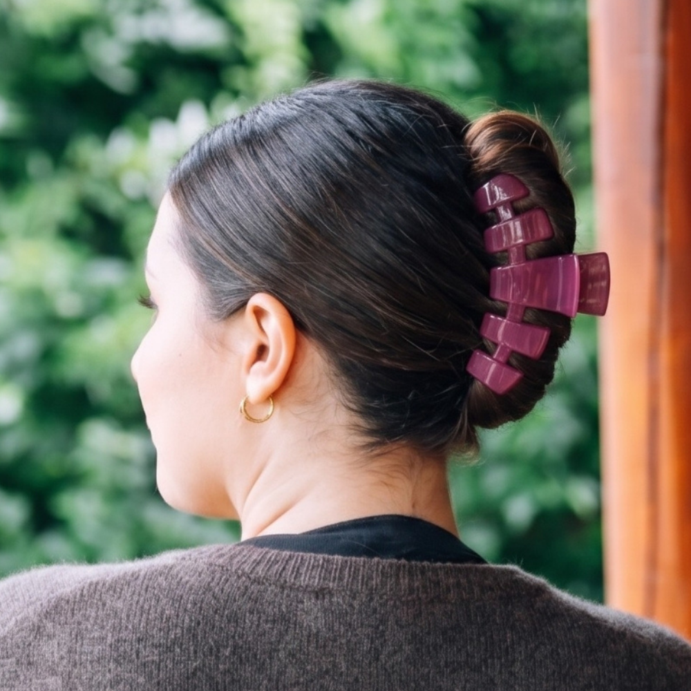 Classic Mulberry Large Claw Clip securing a bun; available in multiple sizes.