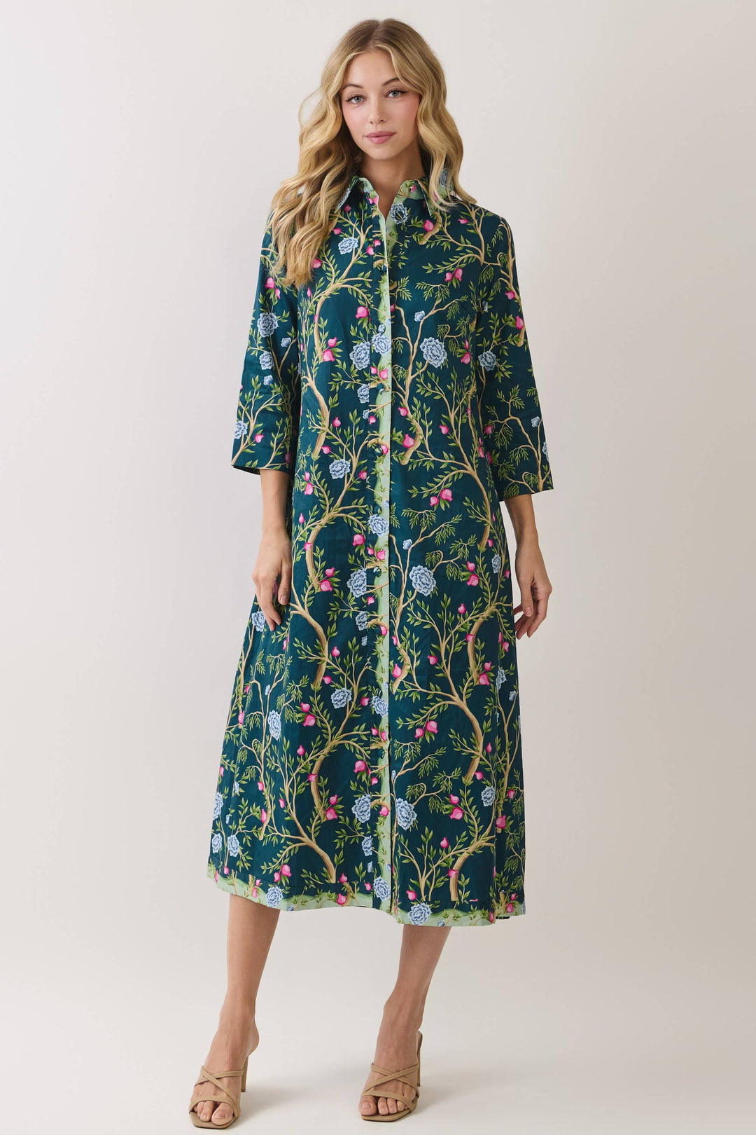 CD07354-Botanical Print Button Front Midi Dress in green with colorful florals, collared neckline, and A-line silhouette. Available in sizes S.