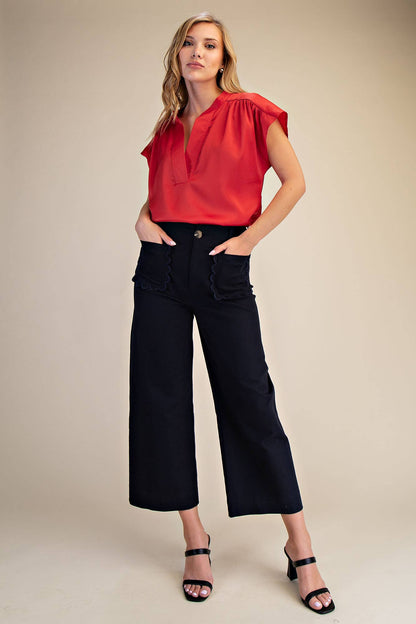 Colette Navy Wide-Leg Scallop Pocket Pants, available in sizes 0-16.