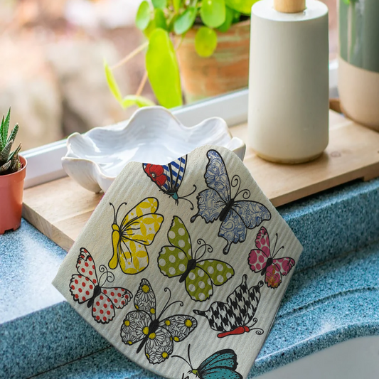 The Lively Butterflies Swedish Cloth with vibrant butterfly designs; available in multiple sizes.