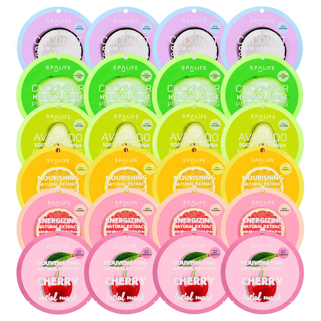 20 Korean Fruit Infused Face Mask packets, assorted variants. Main ingredients labeled. Available in single-use 25ml sheets.