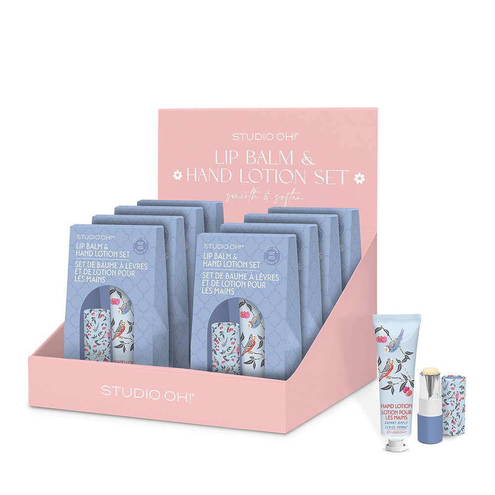 Birds in the Cherry Tree Lip Balm & Hand Lotion Set, blue packaging, floral design. Sizes available: hand lotion 30ml, lip balm 4g.