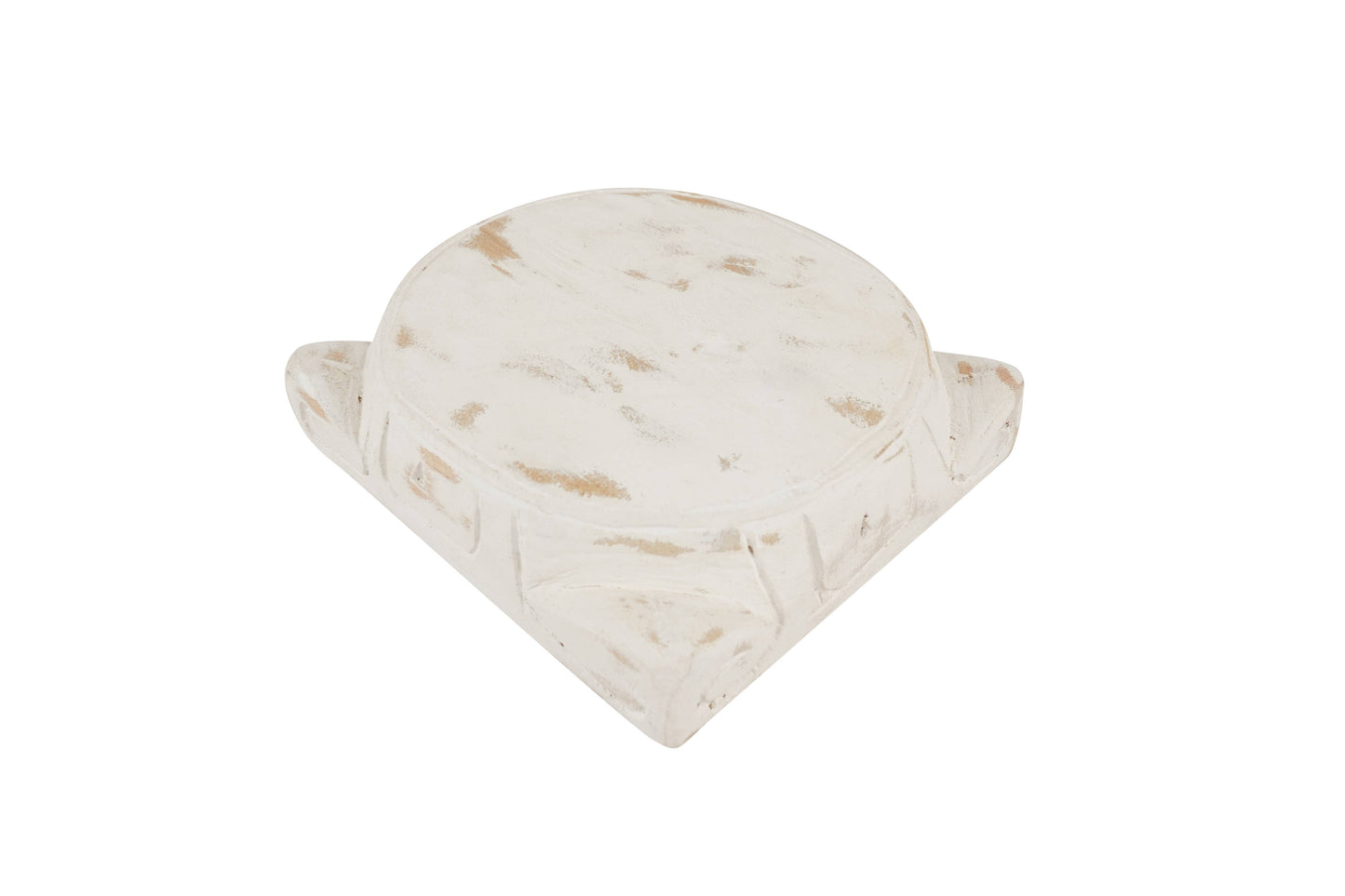 Mini white cake stand with rustic whitewashed finish, round top, triangular base. Available in multiple sizes.