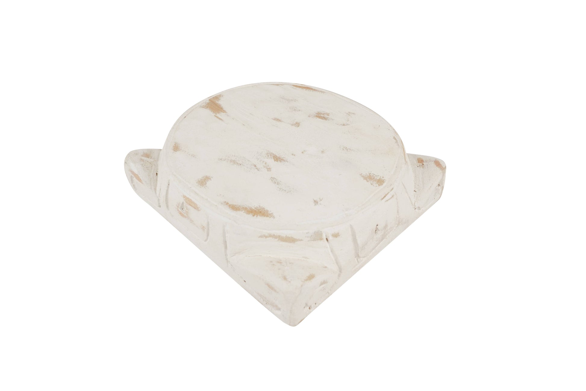 Mini white cake stand with rustic whitewashed finish, round top, triangular base. Available in multiple sizes.