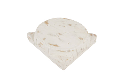 Mini white cake stand with rustic whitewashed finish, round top, triangular base. Available in multiple sizes.