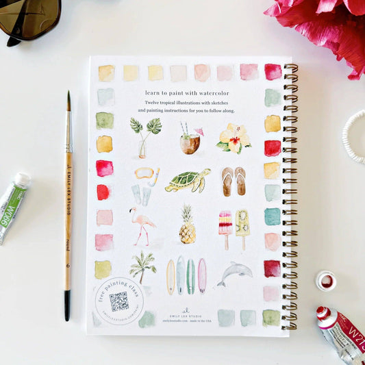 The Tropical Watercolor Workbook, spiral-bound with tropical art and vivid swatches on the cover. Sizes available.