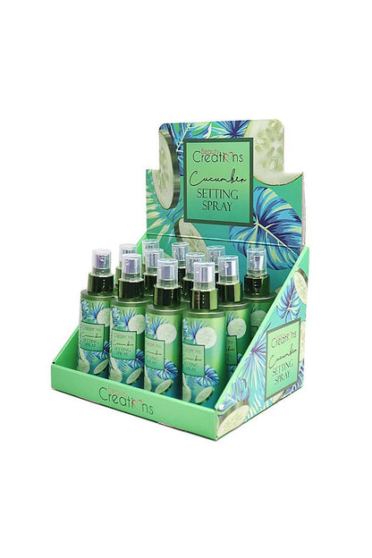 Beauty Creations SPN03 Cucumber Setting Spray, green bottles, hydrating, available in 3.38 fl oz (100ml) sizes.