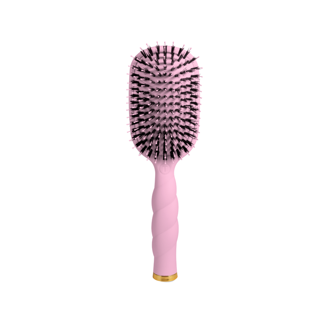 Bubblegum pink boar brush with a twisted handle and black bristles. Available in multiple sizes.