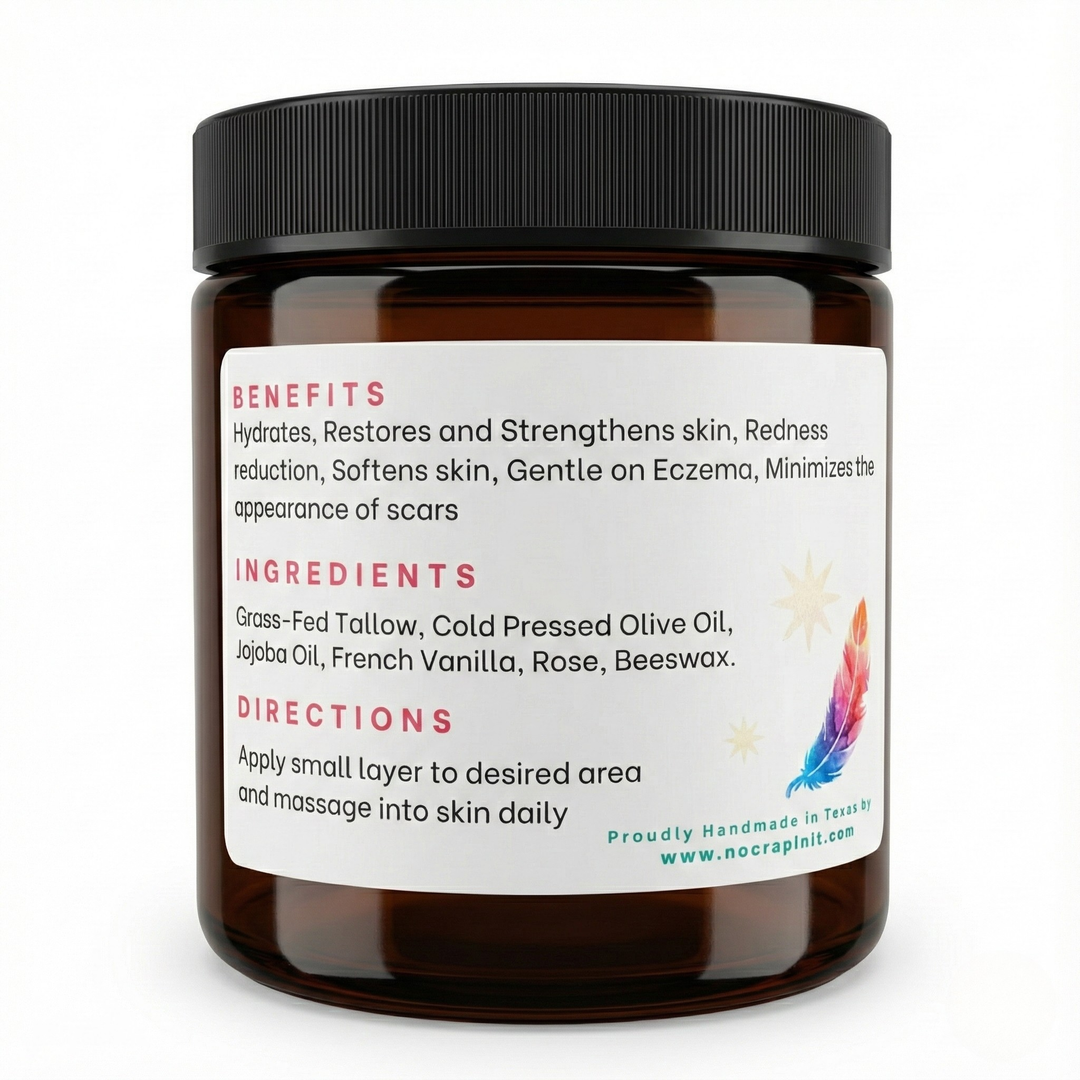 Romance Tallow Balm in brown jar with black lid, labeled for eczema; available sizes not specified on packaging shown.