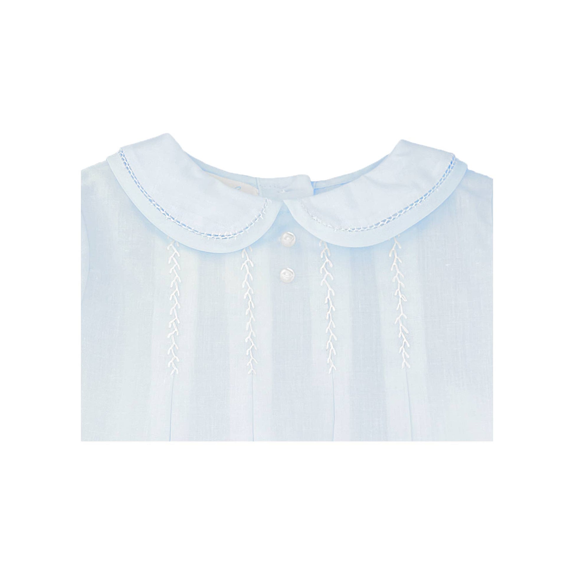 Close-up of a light blue Romper with Hand Feather Stitching: Newborn, isolated on a white background.