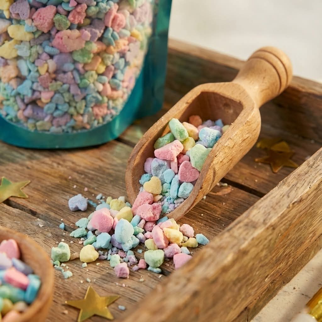 Pastel, heart-shaped Bath Bomb Confetti in a wooden scoop and glass jar. Available sizes: small, medium, large.