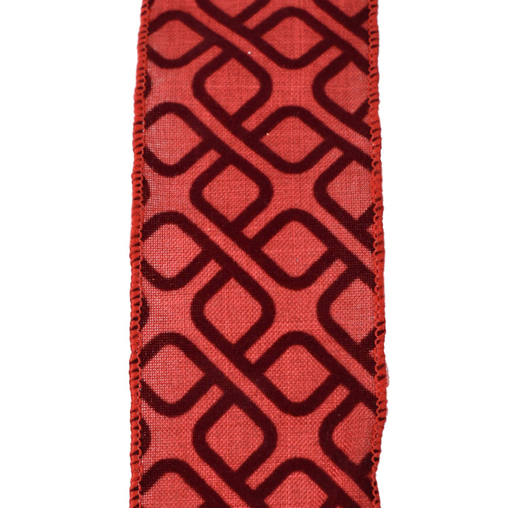 Brick red ribbon with flocked geometric interlocking diamonds, wired scalloped edge, 2.5″ x 10yd.